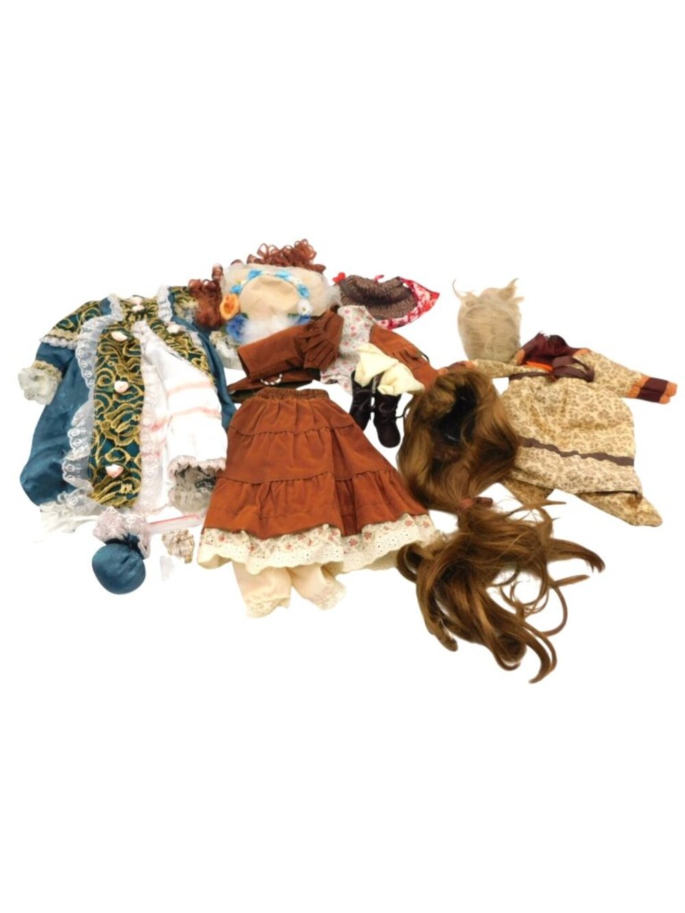 Three Thin 18" Doll Outfits Victorian Wig Accessories